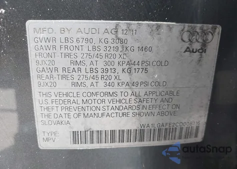 2012 Audi Q7 3.0T Premium from USA, damaged, VIN WA1LGAFE2CD006116